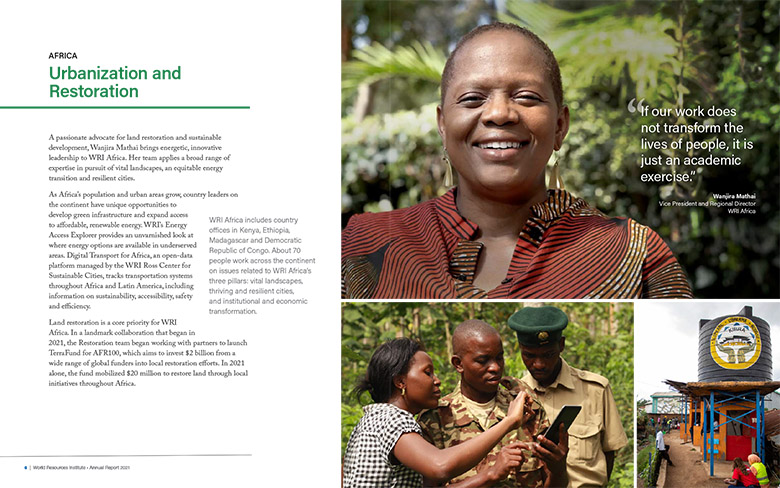 A spread from the 2021 report, featuring a photo and profile of WRI's Regional Director.