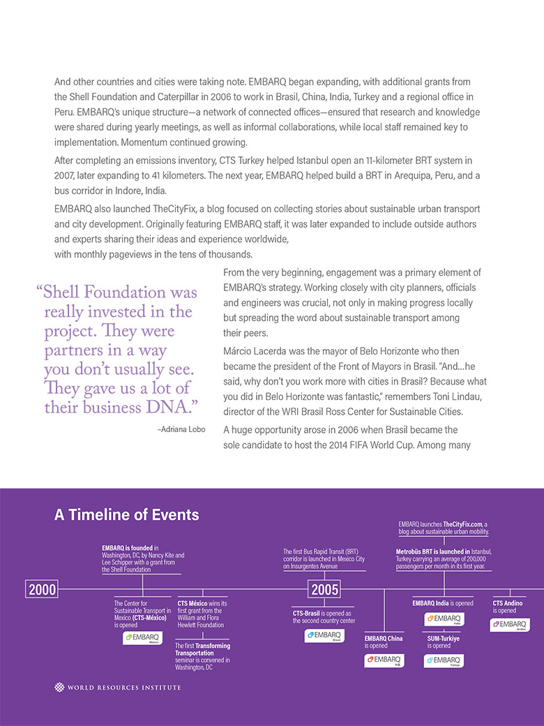 One page from the interior of the EMBARQ brochure, showing one half of the timeline.