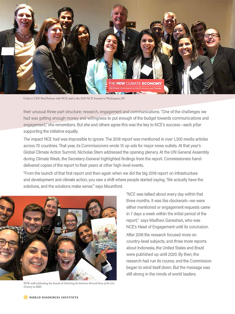 One page from the New Climate Economy brochure, featuring candid photos of the team.